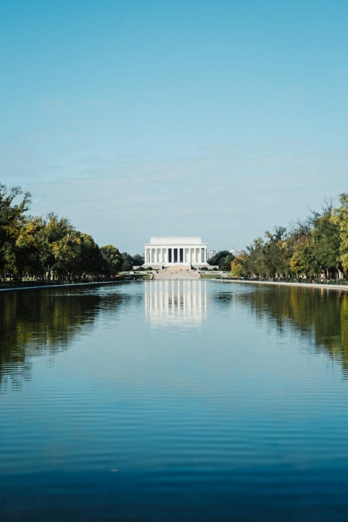 Serene view of the Lincoln Memorial with reflection in the pool, Washington DC.