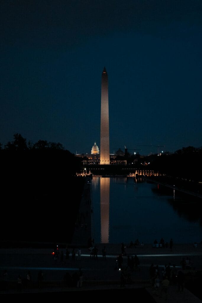 Night view of the Washington Monument reflecting in the pool, Washington D.C. Government Process Serving