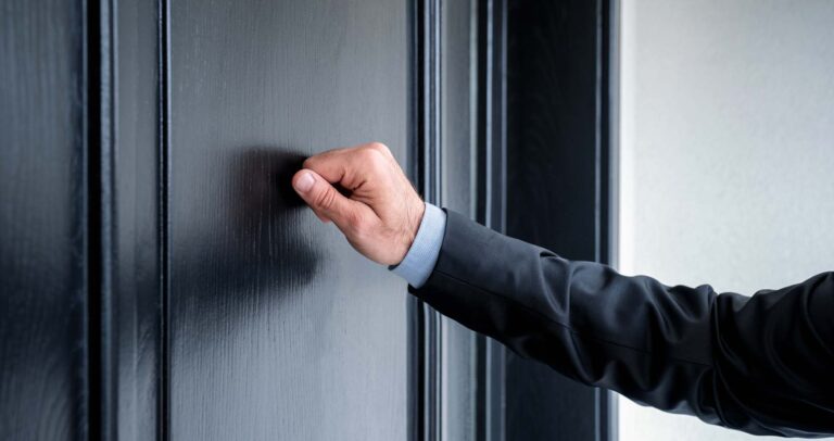 A process server knocking on black wooden door.